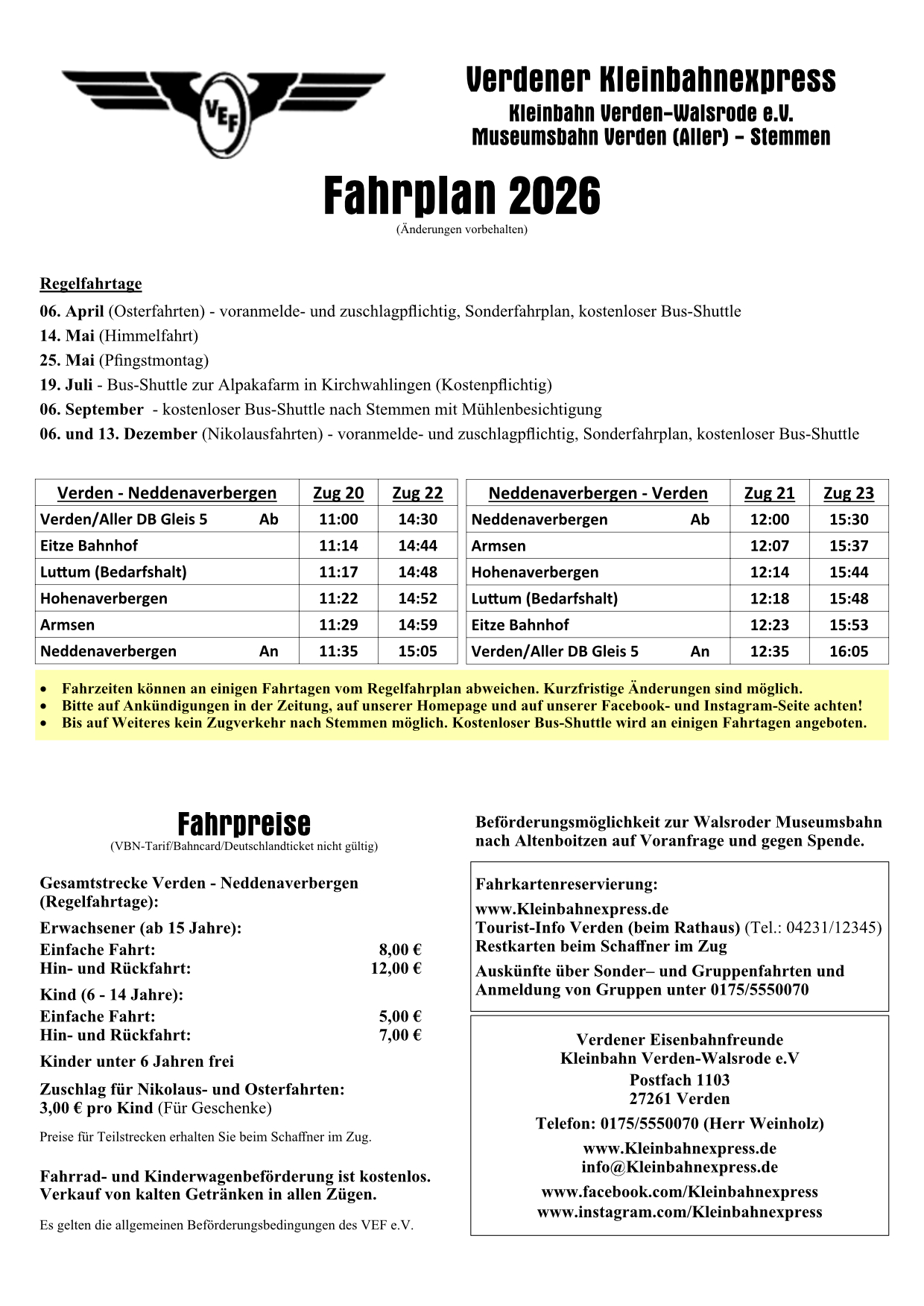 Fahrplan 2026 Plakat Fahrzeiten